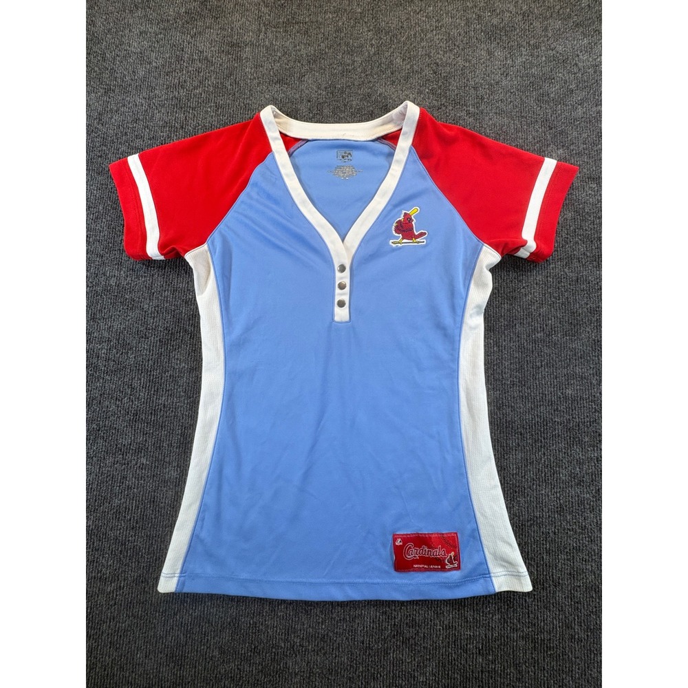 Majestic St Louis Cardinals Women Blue Red Henley Baseball Jersey Top Medium